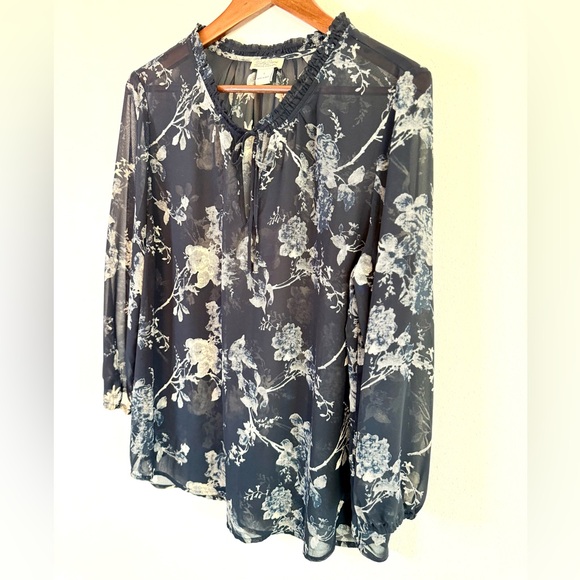 Lucky Brand Tops - Lucky Brand Sheer Floral Blouse Large Boho Peasant Top Navy Spring